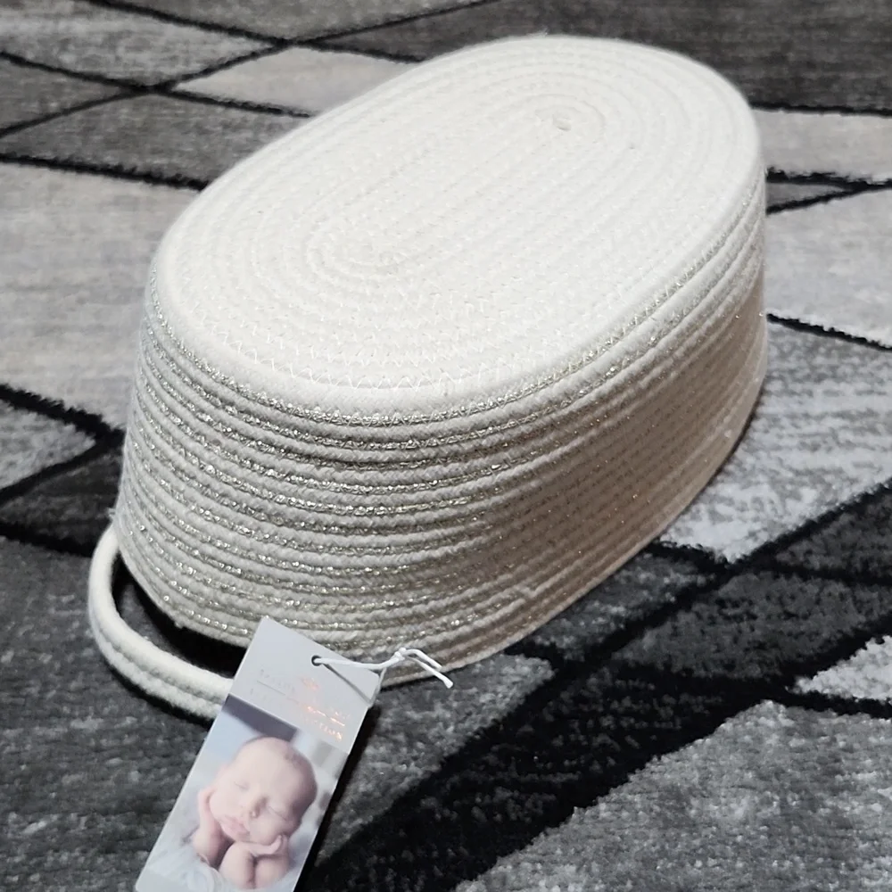 TAYLOR MADISON DESIGNS BABY COLLECTION OVAL WOVEN GOLD-TRIM STORAGE BASKET